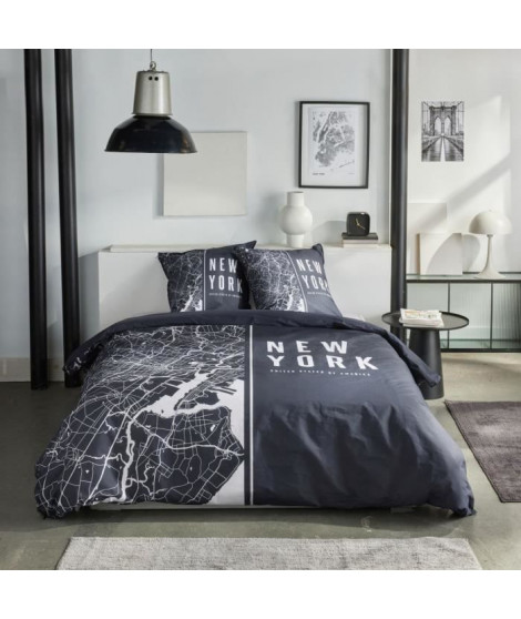 Parure de lit - TODAY - JAVA - 2 personnes - 240x220 cm - Coton - Imprimé New York - Noir