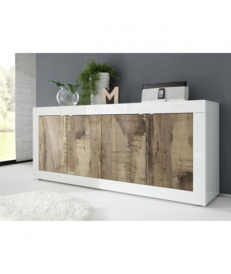 Buffet - BASICO - 4 portes - Blanc décor chene Pero - 207 x 86 x 43 cm