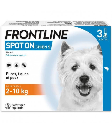 FRONTLINE 3 Pipettes antiparasitaires SPOT ON Chien - 2 a 10 kg - Puces, tiques, poux