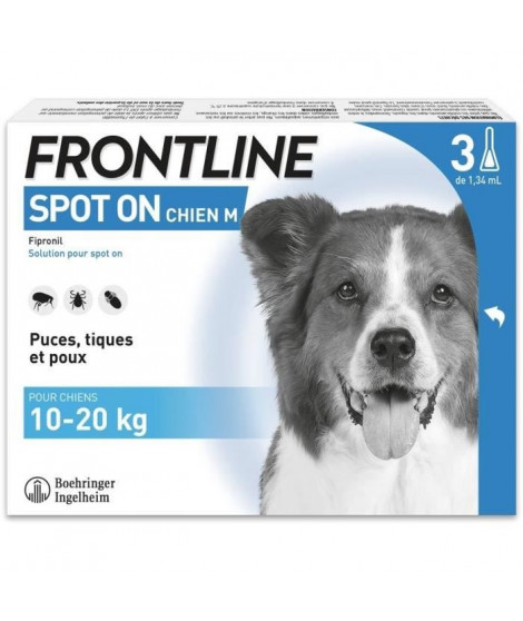 FRONTLINE 3 Pipettes antiparasitaires SPOT ON Chien - 10 a 20 kg - Puces, tiques, poux