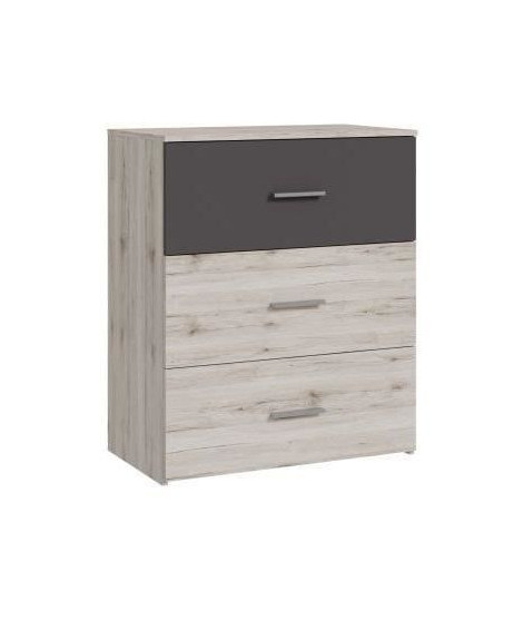 Commode - ADRIA - 3 tiroirs - Chene cendré / Gris uni - 75,2 x 41,3 x 89,7 cm
