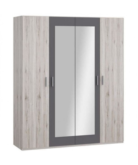 Armoire de chambre - ADRIA - Chene cendré / Gris foncé - 4 portes battantes - 2 miroirs - 177,5 x 54,2 x 210,5 cm