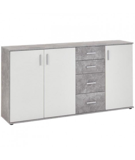 Buffet bicolore - Décor gris béton LA et blanc - 3 portes + 4 tiroirs - L160,1 x H83 x P35 cm - Fabriqué en Allemagne