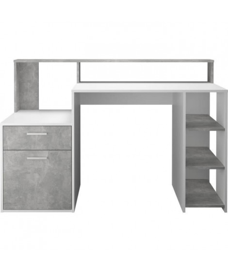 Bureau avec réhausse et rangements BOLTON - Mélamine blanc/gris béton - L138,5 x H91,6 x P53,5 cm