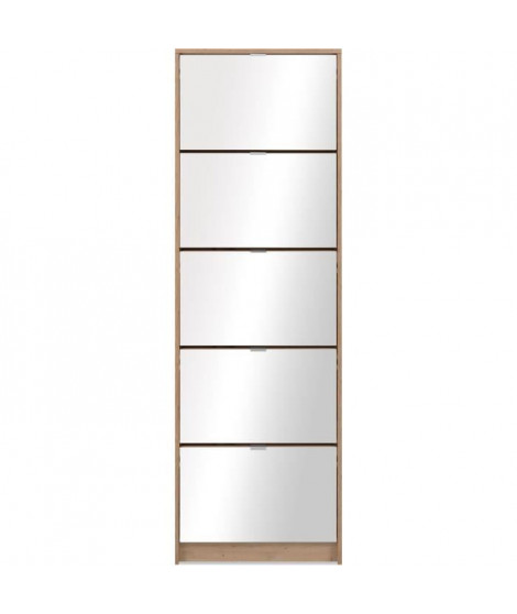Meuble a chaussures - KOBLENZ - Chene artisan - 58 x 177 x 17 cm - 5 abattants - Facade miroir