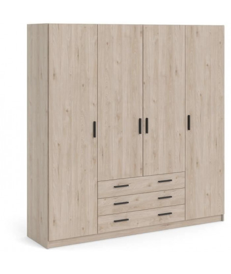 Armoire VEGA - Décor Chene Jackson - 4 portes + 3 tiroirs - L 195,5 x P 49,6 x H 200,4 cm