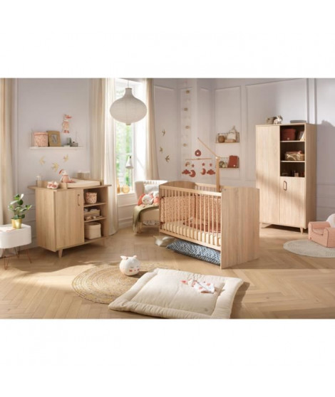 Chambre complete trio bébé - SAUTHON - Sam Chene doré - Lit bébé 120 x 60 cm, commode a langer et armoire