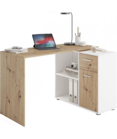 Bureau d'angle avec rangements Albrecht - Mélaminé chene et blanc - L83 x H74 x P117 cm