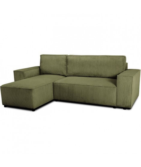 Canapé d'angle convertible réversible - 4 places - JOSH - Tissu velours cotelé - Kaki - Coffre - 242 x 155 x 86 cm