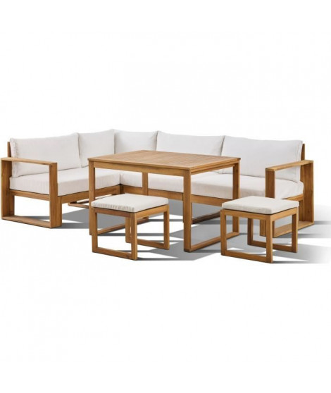 Salon de jardin d'angle modulable - Bois d'acacia - 6 personnes - LEVATA DINING - Blanc cassé + Housse