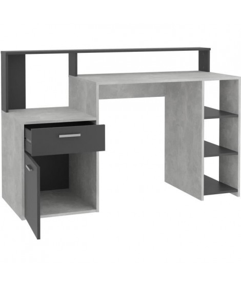 Bureau avec réhausse et rangements BOLTON - Mélamine gris béton/antracite - L138,5 x H91,6 x P53,5 cm