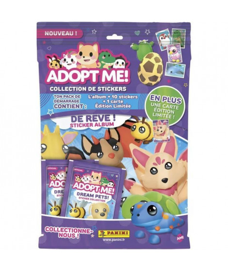 Pack de démarrage - PANINI - Adopt Me! Roblox - Album + 2 pochettes - 1 carte édition limitée - 10 stickers