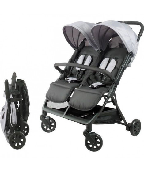 Bambisol - DS209 GRIS NOIR - Poussette Double Cote a Cote | Pour Jumeaux des la Naissance, Pliage Ultra-Compact | Noir Gris