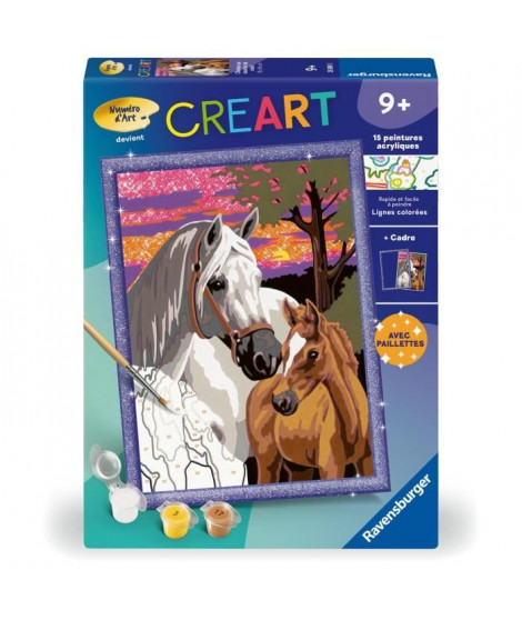 CreArt Kids 18x24cm Chevaux au coucher du soleil, Kit de peinture par numéros Numéro d'Art, Des 9 ans, 25809, Ravensburger