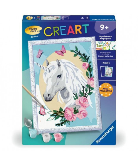 CreArt Kids 18x24cm Licorne fleurie, des 9 ans, Kit de peinture par numéros Numéro d'Art, 25834, Ravensburger
