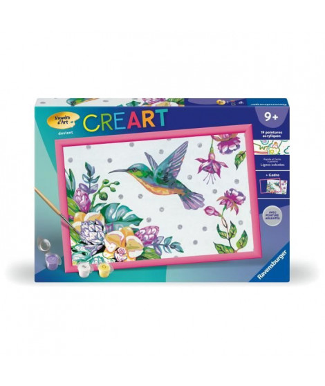 CreArt Kids 31x21cm Colibri et fleurs exotiques, Kit de peinture par numéros Numéro d'Art, Des 7 ans, 25851, Ravensburger