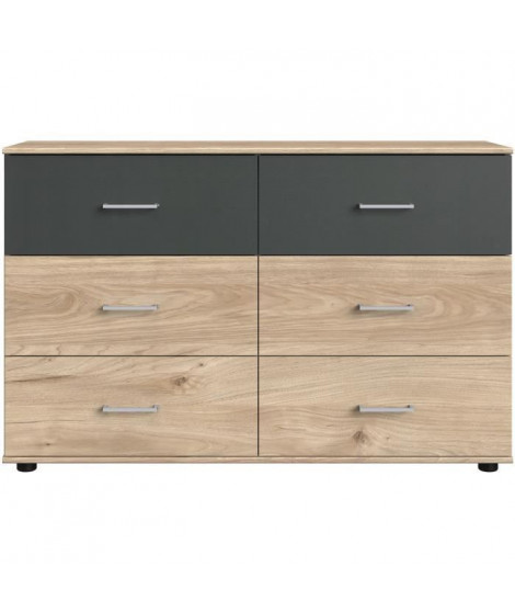 Commode - RHODES - 6 tiroirs - Chene Hickory et gris - 130 x 41 x 83 cm - WIMEX