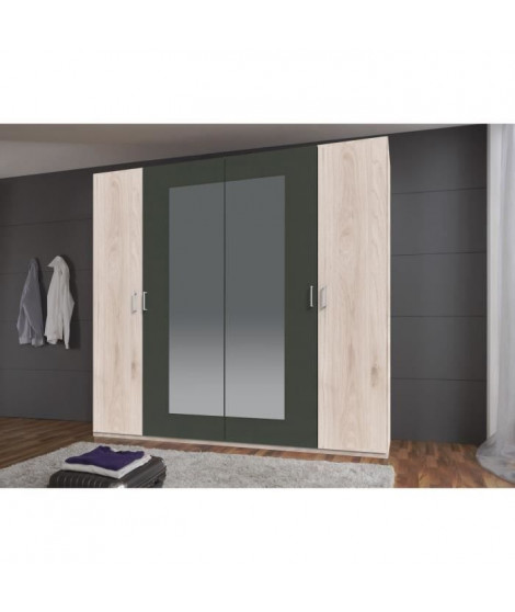 Armoire de chambre - RHODES - Chene Hickory / Rechampis graphite - 4 portes - 2 miroirs - 225 x 58 x 208 cm
