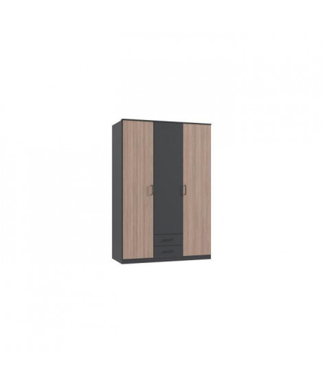 Armoire de chambre - AGIA - Graphite - 3 portes battantes - 2 tiroirs - 135 x 199 x 58 cm