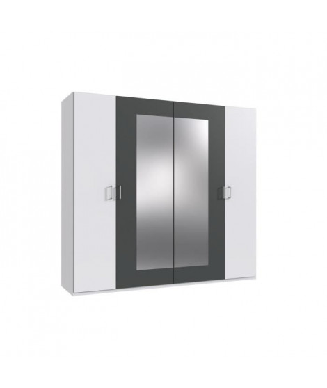 Armoire de chambre - RHODES - Blanc / Rechampis graphite - 4 portes - 2 miroirs - 225 x 58 x 208 cm