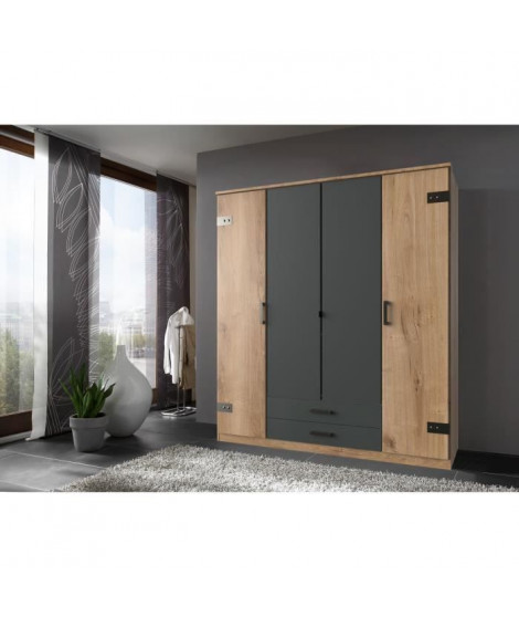 Armoire de chambre - CORFOU - 3 portes - 2 tiroirs - Chene poutre / Graphite - 180 x 58 x 199 cm
