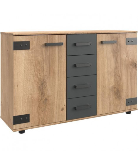 Commode combinée - WIMEX - LAMIA - 2 portes - 4 tiroirs - Chene poutre / Graphite - 130 x 83 x 41 cm