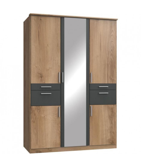 Armoire de chambre - VOLOS - Chene poutre / Graphite - 5 portes - 1 porte miroir - 4 tiroirs - 135 x 58 x 199 cm