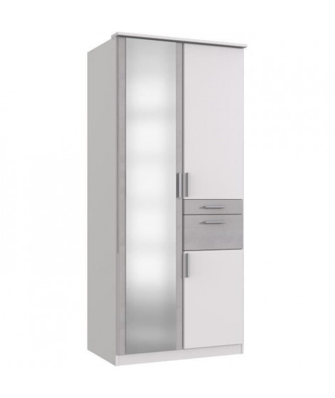Armoire de chambre - VOLOS - Blanc / Béton gris clair - 3 portes - 1 porte miroir - 2 tiroirs - 90 x 58 x 199 cm