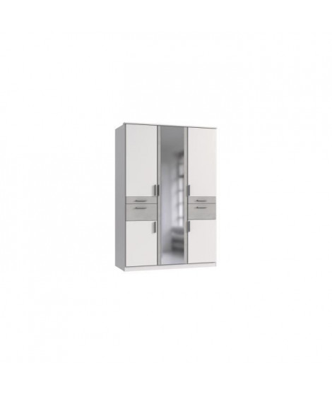 Armoire de chambre - VOLOS - Blanc / Béton gris clair - 5 portes - 1 porte miroir - 4 tiroirs - 135 x 58 x 199 cm