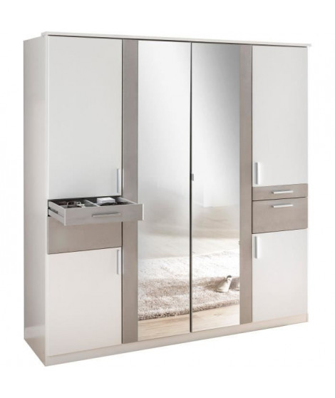 Armoire de chambre - VOLOS - Blanc / Béton gris clair - 6 portes - 2 portes miroirs - 4 tiroirs - 180 x 58 x 199 cm