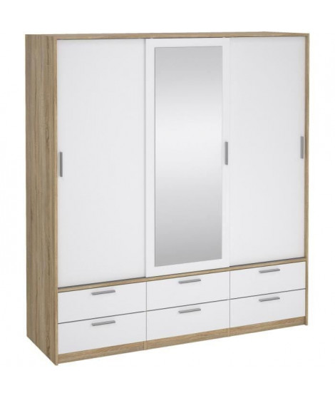 Armoire de chambre - ONTARIO - Blanc brillant / Chene - 3 portes - 6 tiroirs - 181,4 x 60,25 x 200 cm