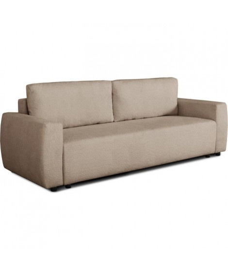 Canapé convertible - 3 places - PHARELL - Tissu Bouclette taupe - Coffre - 231 x 91 x 84 cm