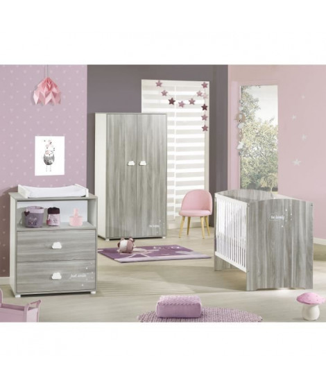 Chambre bébé complete - Lit 120x60, commode a langer et armoire - BABY PRICE - SMILE - Chene silex