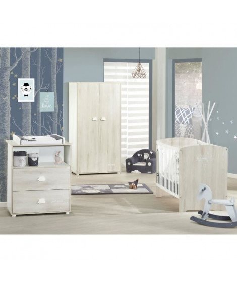 Chambre bébé complete - Lit 120x60, commode a langer et armoire - BABY PRICE - SMILE -  Hetre cendré