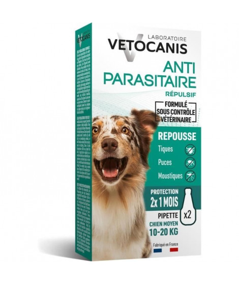 VETOCANIS 2 Pipettes anti-puces et anti-tiques - Pour chien 10-20 kg - 2x 1 mois de protection