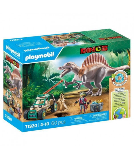 PLAYMOBIL 71820 Spinosaure, chercheur et véhicule a grue pivotante, Dinos, 60 pieces, Des 4 ans