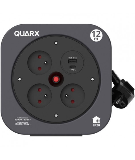 Enrouleur - QUARX - S-Box - 12m, 3 prises 16A, USB Type A et C