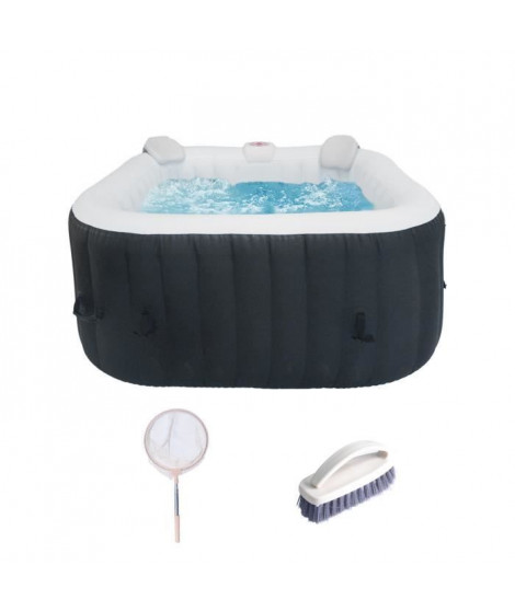 KIT TOUT INCLUS SPA et accessoires : spa gonflable carré 4 places avec 2 appuis tetes, filtre, épuisette, brosse, tapis, couv…