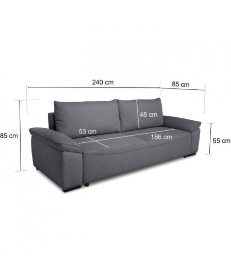 Canapé convertible avec coffre - 3 a 4 places - NORMAN - Tissu anthracite - 240 x 85 x 85 cm