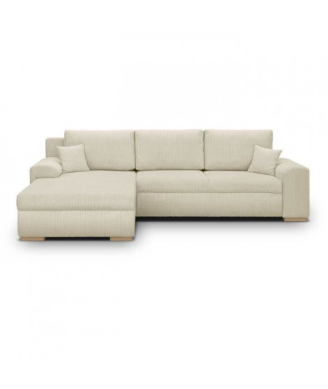 Canapé d'angle convertible - 5 places - INDIAN - Tissu velours côtelé Beige - Coffre de rangement - 289 x 94/188 x 88 cm