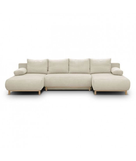 Canapé panoramique convertible - 6 places - MIKA - Velours côtelé Beige - Coffre de rangement - 313 x 84 x 145 cm