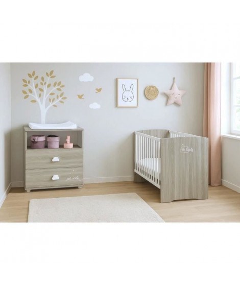 Chambre bébé complete - Lit 120x60 et commode a langer - BABY PRICE - SMILE - Chene silex