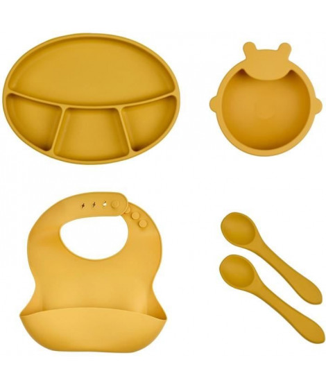 Pack Repas - THERMOBABY - Silicone - Jaune Miel - Assiette, bol, bavoir et cuilleres