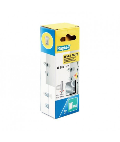 Ecrous a sertir pour vis Ø8mm - RAPID - M8 - Boite de 20 + foret
