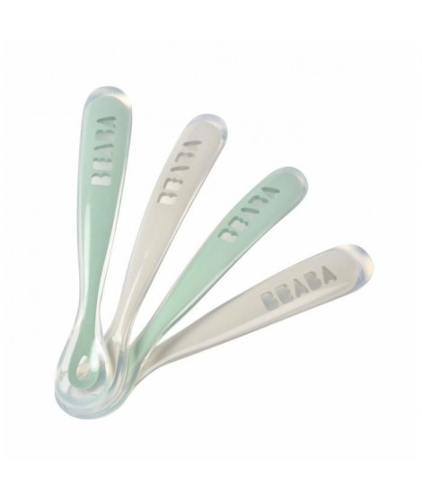 Lot de 4 cuilleres - BEABA - 913553- 1er âge - Silicone - Velvet grey / Sage green
