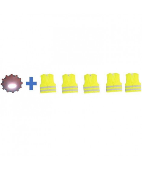 Pack sécurité - HTC EQUIPEMENT - 1 disque d'avertissement lumineux 15 LED + 5 gilets de sécurité adulte XL