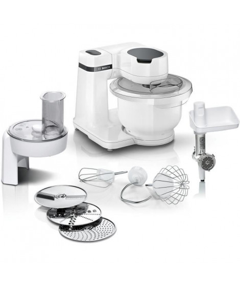 Robot pâtissier BOSCH Serie 2 - 700 W - 4 vitesses - 3,8 L - 3 disques - hachoir a viande - Blanc