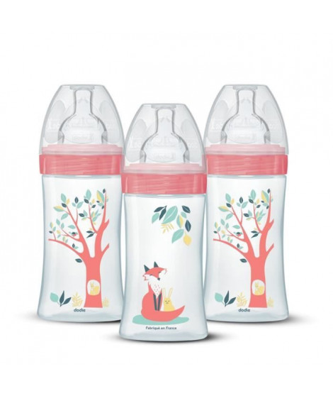 Lot de 3 biberons - DODIE - EB20 - 270 ml - Tétine plate - Rose