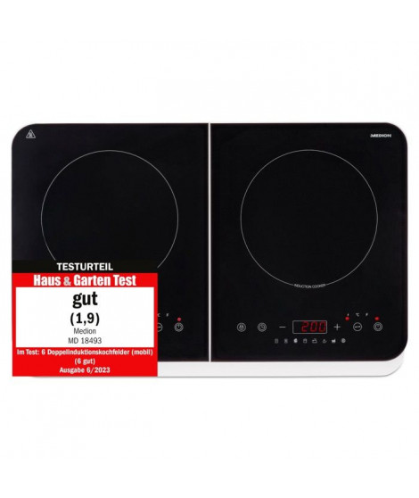 Plaque Induction Posable - MEDION MD18493 - 2 Foyers - 3500W - 60/240°C - 8 Programmes - L 59 x P 36 x H 6 cm - Blanc/Noir