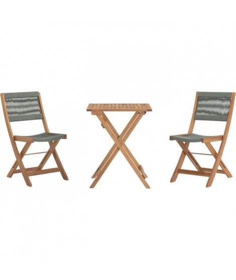 Set bistrot pliable en bois d'acacia FSC avec tressage en corde vert olive - 2 personnes - MAKENA